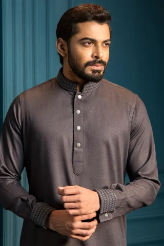 Dark Grey Embroidered Panjabi fabric close view