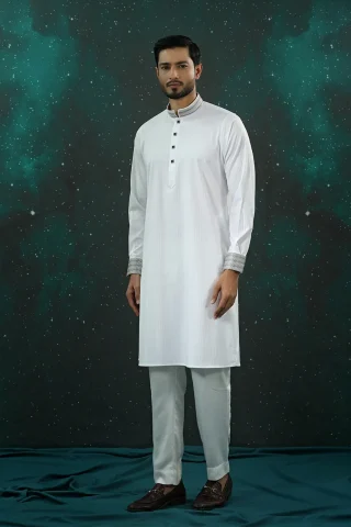 White Embroidered Panjabi full view
