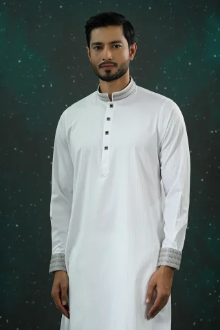 White Embroidered Panjabi close view