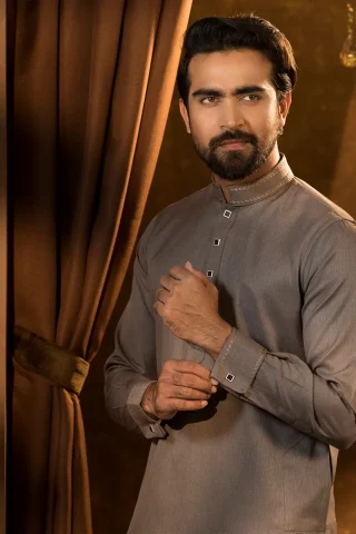 T/R Suiting Taupe Panjabi close view