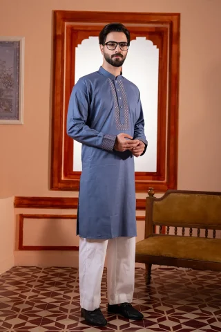 Men's Embroidered Tencel Panjabi full view