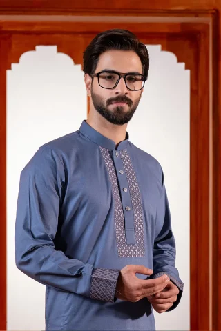 Men's Embroidered Tencel Panjabi close view