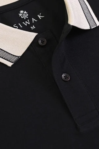 Black PK Cotton Polo with khaki beige collar detail close up