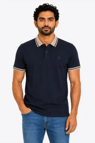 Black PK Cotton Polo with khaki beige collar detail close up