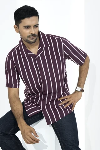 Men's Cuban shirt in maroon with striped design