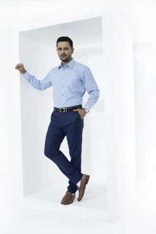 Sky blue checked shirt pattern detail