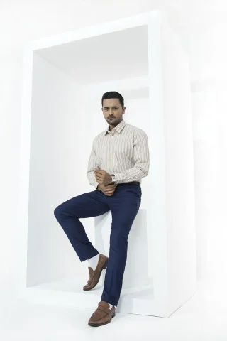 Men's khaki pink striped formal shirt